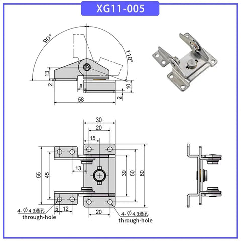 XG11-005 stainless steel dual-axis torque hinge; 360-degree rotation, front and side views with four mounting holes
