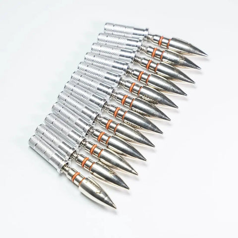 12 Pack 100 Grain Field Points With Aluminum Inserts For 6.2mm ID Arrows And 7.4 To 7.6mm OD Shafts 8-32 Thread Rubber Ring To Keep Points Tight Easy Swap For Bow Hunting And Target Practice. Metal field points arranged in a line with rubber rings.