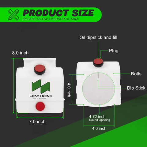 Diagram of 4 Quart Poly Power Unit Hydraulic Fluid Reservoir Tank for heavy duty hydraulic systems with measurements and features.