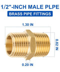 1/2 inch brass NPT male hex nipple, corrosion-resistant fitting for copper, brass, iron pipes. Pack of 5 one half inch brass NPT male hex nipples.