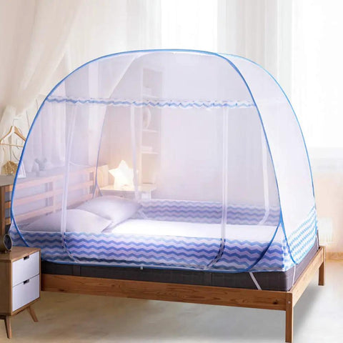 Pop Up Mosquito Net For Bed With Bottom Fit Twin Full Queen And King Size Beds Foldable Bug Netting Easy Assembly Quick Pop Up Spacious For Adults And Babies 180x200x150 Cm installed on a wooden bed frame in a bedroom.