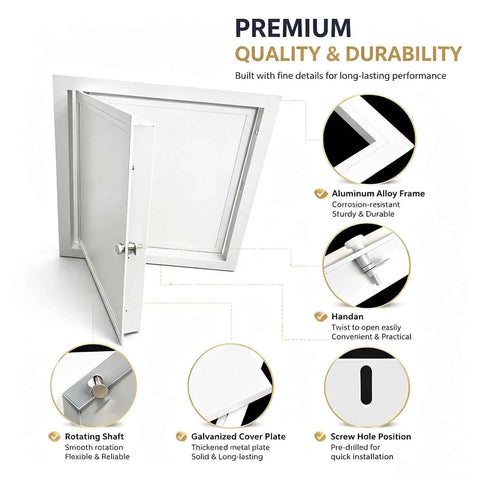Heavy Duty Aluminum Alloy Attic Access Door With Slick Paintable White Finish And Rock Solid Twist Latch for easy opening and installation.