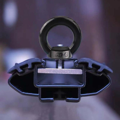Close-up of M8 Eye Bolt 4 Pack For Roof Rack And T Slot Systems with stainless steel tie down ring and black T-track mount.