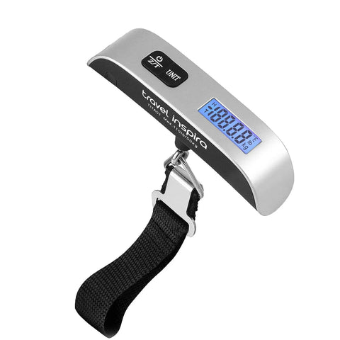 Hassle Free Travel Luggage Scale Portable Digital Hanging Baggage Scale With 110 Lb Capacity Lightweight Suitcase Weight Scale Battery Included Silver with backlit display.