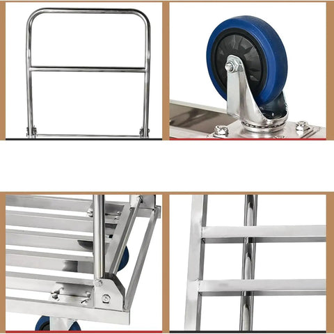 Heavy Duty Foldable Platform Push Cart With Smooth Rolling Rubber Wheels And Slick Stainless Steel Frame, close-up of handle and wheel.