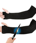 Arm Sleeves For Protection Cut Resistant Burn And Heat Shield Nylon Arm Protectors shown with knife test, guard against cuts.