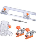 Rock Solid Heavy Duty Adjustable Wood Drawer Slide Jig With Dead On Positioning Clips And Grip It Tight Design For Zero Sweat Furniture Front Alignment Shop Projects parts displayed, including clear jig, clamps, and positioning tools.