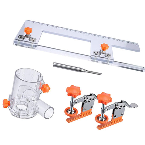 Rock Solid Heavy Duty Adjustable Wood Drawer Slide Jig With Dead On Positioning Clips And Grip It Tight Design For Zero Sweat Furniture Front Alignment Shop Projects parts displayed, including clear jig, clamps, and positioning tools.
