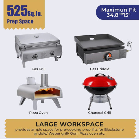 Image showing various grilling appliances with a 304 Stainless Steel BBQ Grill Table For 20 Inch Tabletop Griddles Adjustable Folding Outdoor Prep Station Heavy Duty Camping And RV Life Ready Gear Rustproof Easy Clean Surface With 380 Pounds Load Capacity suitable for them.