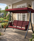 Outdoor Porch Swing Glider With Adjustable Canopy And Weather Resistant Steel Frame Breathable Textilene Seat And Back Heavy Duty Springs Side Pockets Three Seat Taupe Brown Patio Swing on a porch