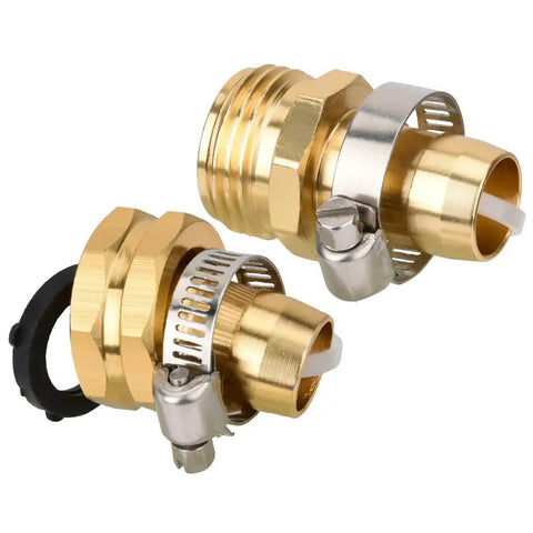 Durable Gold Aluminum Hose Connector Repair Kit Set Mender Fix For 3/4 Inch Garden Hoses Male Female Adapter To Patch Leaks Or Extend Reach Around Yard Without Stress, gold connectors with clamps
