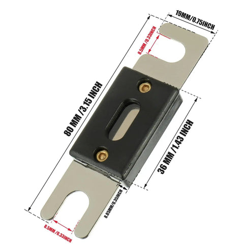 Heavy Duty ANL Fuse Holder With 500 Amp Inline Circuit Breaker For Auto Audio Systems And Boat Electrics showing black and silver design with dimensions.