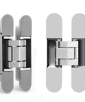 Heavy Duty 6 Inch Hidden Door Hinges 180 Degree Flush Mount Concealed Butt Hinge close-up showing silver finish and hinge mechanism.