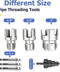 Pro Grade PVC Pipe Threader Kit With Step Drill Bit Seven Piece Set showing pipe threading tools in 1/4, 1/2, and 1-inch sizes.