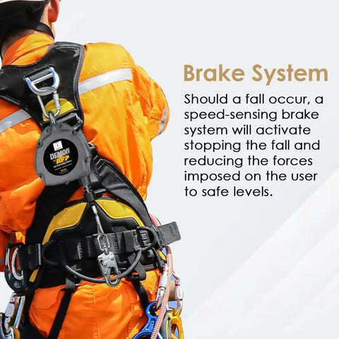 Solid Workhorse Fifty Foot Self Retracting Lifeline Anti Twist Swivel Housing Heavy Duty Double Gate Hook Osha Ansi Certified Fall Arrest Limiters For Jobsite Crews attached to harness with brake system visible.