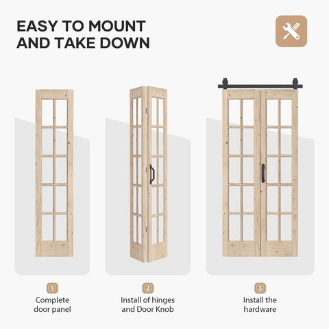 Double 18x84 Inch Bifold French Glass Door Kit With 3.3 Ft Hardware Track Preassembled for Easy Install in Spruce Wood Framing