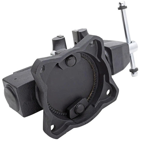 Heavy Duty 5 And A Half Inch Mechanics Work Bench Vise With Secure Grip Swivel Base For Woodworking And Metalworking Featuring 60,000 PSI Cast Iron Construction And Extra Large Anvil Surface Built Like A Tank For Pro Grade Projects. Front view of 5.5 inch cast iron swivel bench vise with anvil base and handle