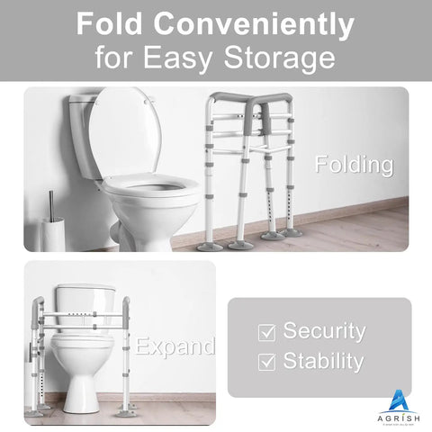 Toilet Safety Rails For Elderly And Handicap - Adjustable Width And Height Stand Alone Frame, folded for storage next to toilet.