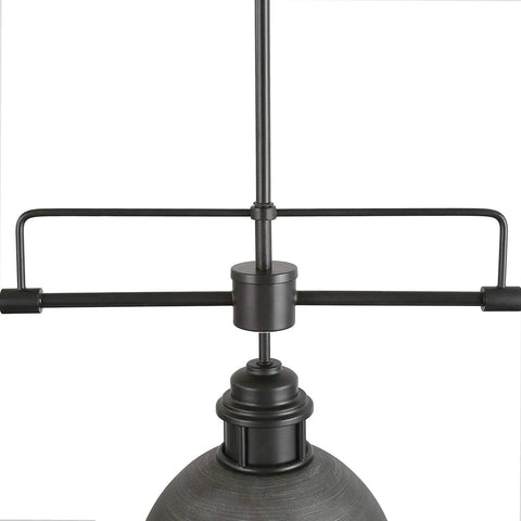 Industrial Pendant Light For Kitchen Island And Dining Room Black Chandelier In Brushed Antique Dark Metal Finish close-up of fixture rod