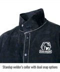 Color Block Leather Welding Jacket With Premium Split Cowhide Stand Up Welder Collar, close-up of collar and button detail