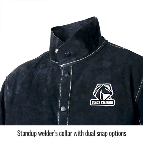 Color Block Leather Welding Jacket With Premium Split Cowhide Stand Up Welder Collar, close-up of collar and button detail