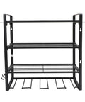 Heavy Duty Metal Wall Mount Power Tool Organizer With Extra Slots And Hooks For Sick Garage Shop Setup, three shelves and hooks.