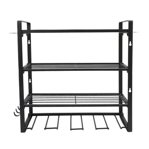 Heavy Duty Metal Wall Mount Power Tool Organizer With Extra Slots And Hooks For Sick Garage Shop Setup, three shelves and hooks.
