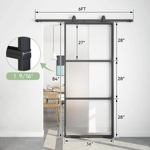 Dope 36-Inch By 84-Inch Frosted Glass Barn Door With Six-Foot Top Mounted Hardware Kit Includes Soft Close Mechanism, Black Frame