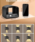 Dimensions of Go-To Remote Controlled Motion Sensor Wall Light with 5000mAh battery and dimmable LED beam angles shown