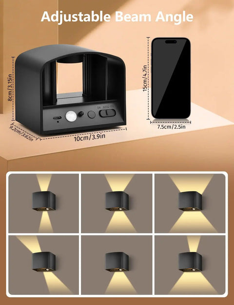 Dimensions of Go-To Remote Controlled Motion Sensor Wall Light with 5000mAh battery and dimmable LED beam angles shown