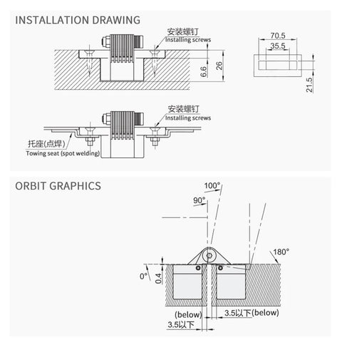 Flat Torque Hinge For Gates With Square Damping And Arbitrary Angle Positioning Cone Hole Zinc Alloy Gate Hinge diagram.