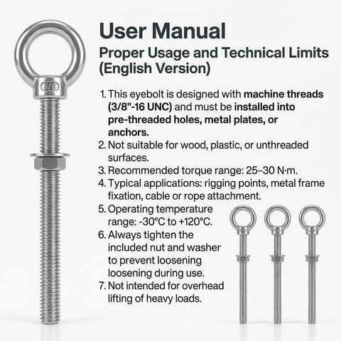 Next Level 3 8 By 6 Inch 304 Stainless Steel Shoulder Eye Bolts 10 Pack Full Machine Thread Bundle With Matched Nuts user manual image.