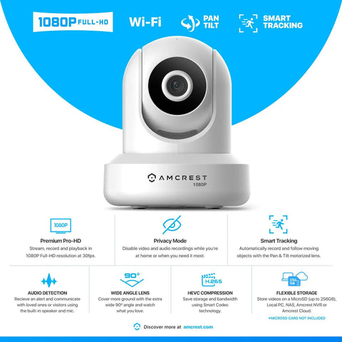 Two Pack ProHD 1080P WiFi Security Cameras With Pan Tilt And 2 Way Audio, showing one camera with audio detection and privacy mode.