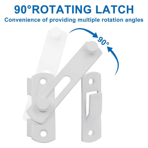 White Stainless Steel Barn Door Latch 3.93 x 2.75 Inch, Easy Install Bi-Fold Sliding Door Lock showing 90-degree rotation angle