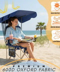 Woman sitting on Portable Folding Camping Chair with Detachable Canopy Shade for Outdoors Beach and Lawn, navy