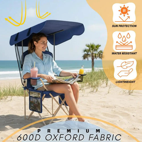 Woman sitting on Portable Folding Camping Chair with Detachable Canopy Shade for Outdoors Beach and Lawn, navy