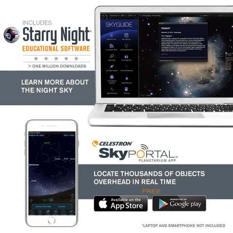 PowerSeeker 127EQ Telescope software on laptop and smartphone screen, showcasing star maps and astronomy apps for beginners.