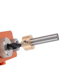 Close-up of the drill guide bit on Rock Solid Double Hole Drilling Positioner with 12mm eccentric nut for woodworking.