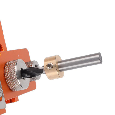 Close-up of the drill guide bit on Rock Solid Double Hole Drilling Positioner with 12mm eccentric nut for woodworking.