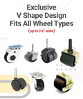 Exclusive V Shape Design for Wheels, Fits Up to 2.5 Inches Wide, Various Caster Wheel Types Displayed