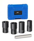 One Half Inch Drive Nut And Bolt Extractor Set With Twist Sockets For Stripped Lug Nuts And Rounded Bolts, Five Piece Kit Includes 17mm, 19mm, 21mm, 22mm Sizes And Center Punch Bar, Great Auto Repair Tool Kit For Quick No Fuss Removal, with blue carrying case