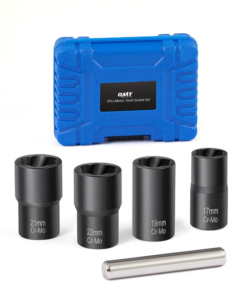 One Half Inch Drive Nut And Bolt Extractor Set With Twist Sockets For Stripped Lug Nuts And Rounded Bolts, Five Piece Kit Includes 17mm, 19mm, 21mm, 22mm Sizes And Center Punch Bar, Great Auto Repair Tool Kit For Quick No Fuss Removal, with blue carrying case