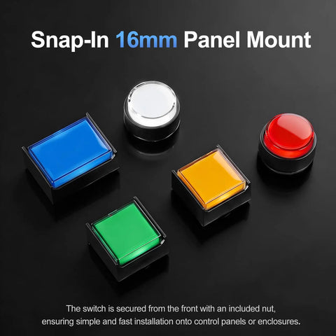 LED Momentary Push Button Switch 16mm 24V DC with round cap in 5 colors Red Yellow Orange Blue Green, 5 pack on display