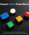 Five Pack Sixteen Millimeter Latching Push Button Switches With Beefy Blue Rectangular Caps And 12V DC LED Indicator in assorted colors