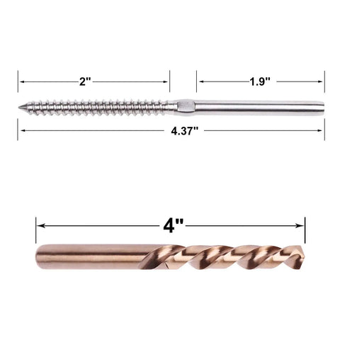 Diagram showing Three Sixteenth Inch Stainless Steel Swage Lag Screw and 4-inch drill bit with measurements for installation.