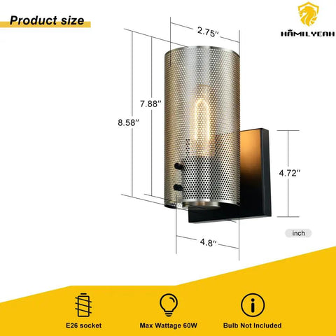 Rustic Wall Sconces Set Of Two Vintage Nickel Industrial Wall Lighting With Grid Mesh Shade showing dimensions and features