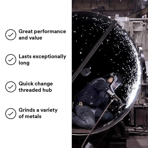 Worker using Depressed Center Grinding Wheel T27 Quick Change 9 Inch Heavy-Duty Wheel for beveling on stainless steel surface