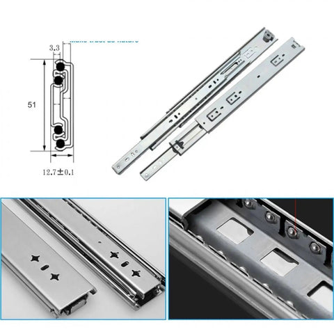 Close-up of Beefy 51mm Galvanized Steel Drawer Slide, Concealed Telescopic Rails, with industrial grade design for cabinets.