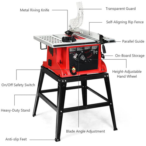 10 Inch Table Saw Electric Cutting Machine with Aluminum Tabletop and Stand, featuring 15 Amp Motor for precise woodworking cuts.