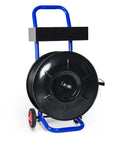 Heavy Duty Strapping Dispenser Cart For 8x8 Steel And Poly Strapping Coils, Durable Steel Construction With Spacious Tray For Strapping Tool, Seals, And Gloves, Keeps Coils From Unwinding On Oscillating Coils. Front view of blue steel dispenser cart with black 8x8 coil